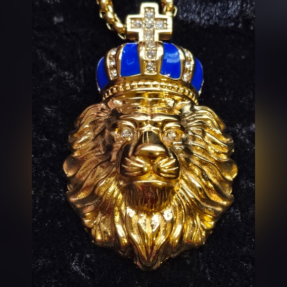 Other - Gold Royal Lux Lion Pendant with Blue Crown And CZ Accents. 22" Chain...25208